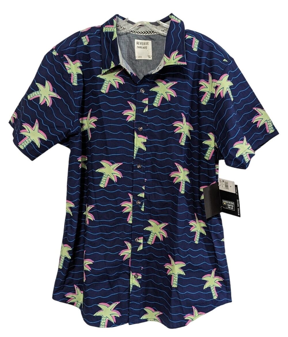 Reverse Threads Men's Navy Palm Tree Button Up Short Sleeve Hawaiian Shirt XL